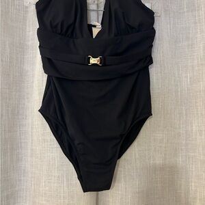 MICHAEL Michael Kors Black One Piece Halter with Gold Accent